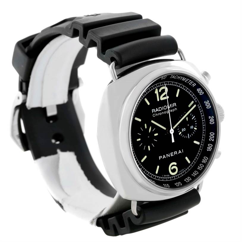 The image shows a Panerai Radiomir PAM00288 Men's Stainless Steel Black Dial PAM00288 Men's Stainless Steel Black Dial watch from a slight side angle, highlighting its dial and rubber strap.