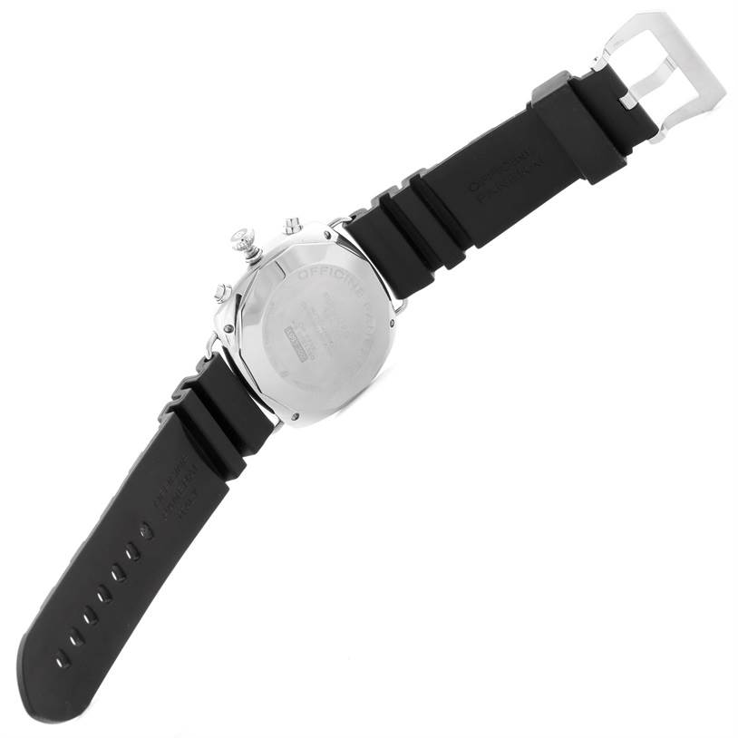 The image shows the rear view of a Radiomir Panerai watch, highlighting its case back and black strap.