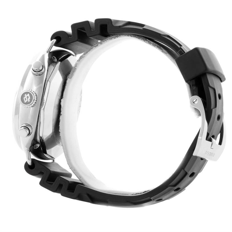 The image shows a side view of a Panerai Radiomir PAM00288 Men's Stainless Steel Black Dial PAM00288 Men's Stainless Steel Black Dial watch, highlighting the crown, pushers, and black rubber strap.