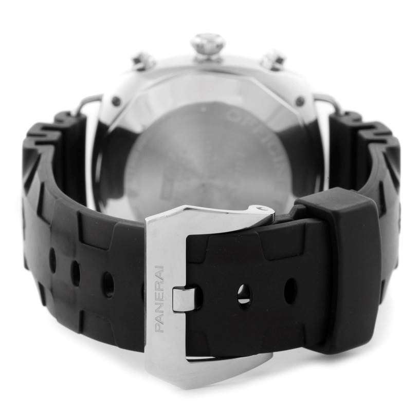 The image shows the back of a Panerai Radiomir PAM00288 Men's Stainless Steel Black Dial PAM00288 Men's Stainless Steel Black Dial watch, focusing on its black rubber strap and buckle.