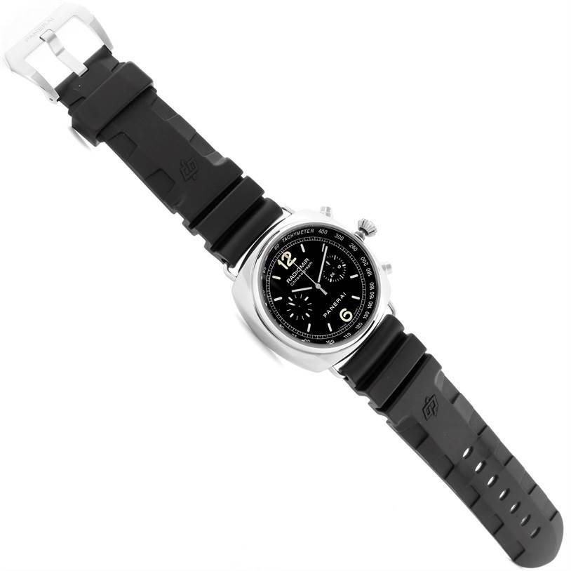 The image shows a Panerai Radiomir PAM00288 Men's Stainless Steel Black Dial PAM00288 Men's Stainless Steel Black Dial watch from a top-down angle, highlighting the black dial, chronograph subdials, and black rubber strap.