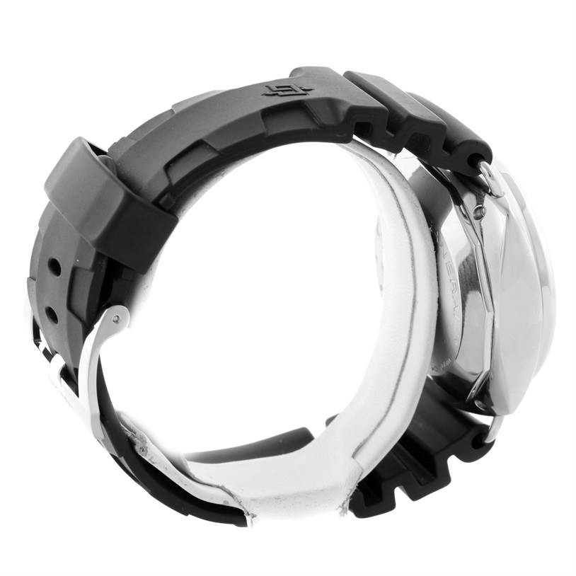 The Panerai Radiomir PAM00288 Men's Stainless Steel Black Dial PAM00288 Men's Stainless Steel Black Dial watch is shown from a side angle, highlighting the rubber strap and stainless steel case.