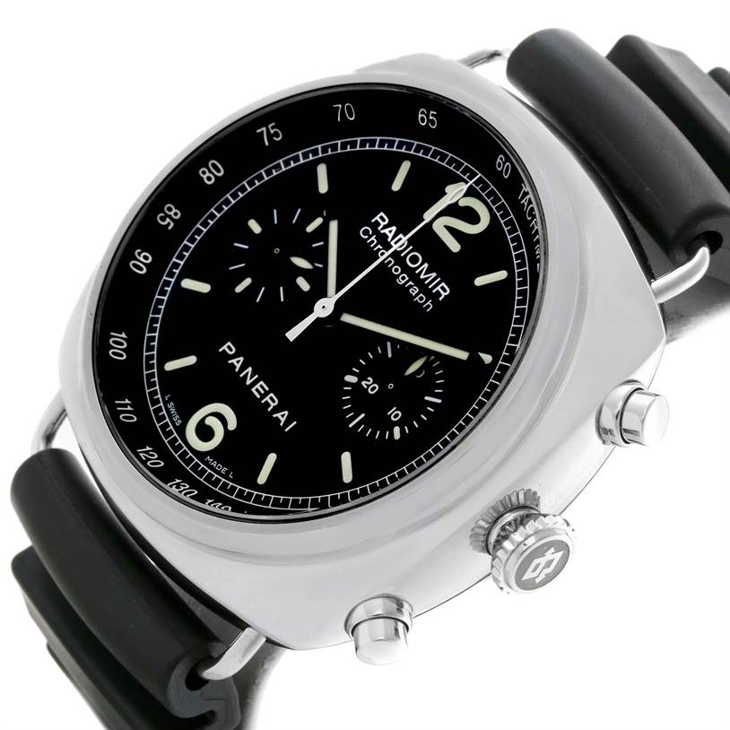 The image shows a close-up angle of the Panerai Radiomir PAM00288 Men's Stainless Steel Black Dial PAM00288 Men's Stainless Steel Black Dial watch, highlighting its black dial, chronograph subdials, and crown.