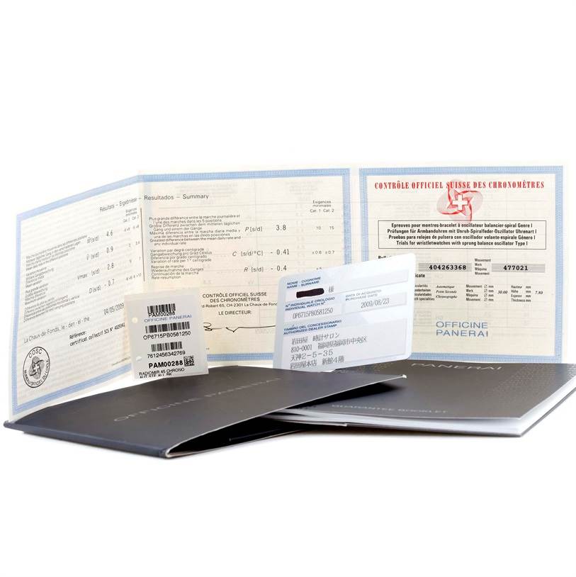 This image displays documentation and certificates for the Panerai Radiomir PAM00288 Men's Stainless Steel Black Dial PAM00288 Men's Stainless Steel Black Dial watch model on a flat surface.