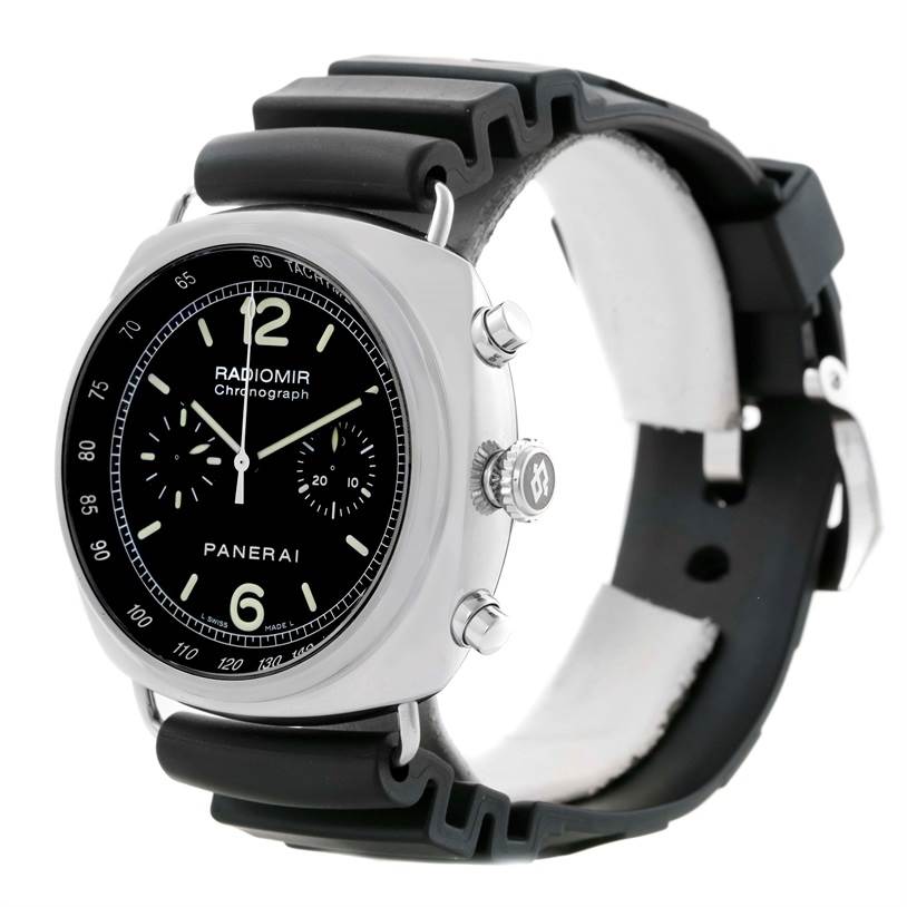 The Panerai Radiomir PAM00288 Men's Stainless Steel Black Dial PAM00288 Men's Stainless Steel Black Dial watch is shown at a three-quarter angle, displaying its face, side buttons, and strap.