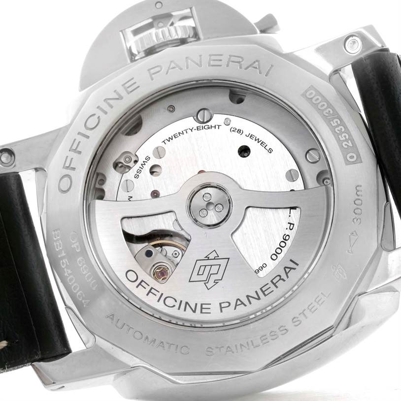 The image shows the back view of the Panerai Luminor PAM00359 Men's Stainless Steel Black Dial PAM00359 Men's Stainless Steel Black Dial watch, highlighting its automatic movement and stainless steel case.