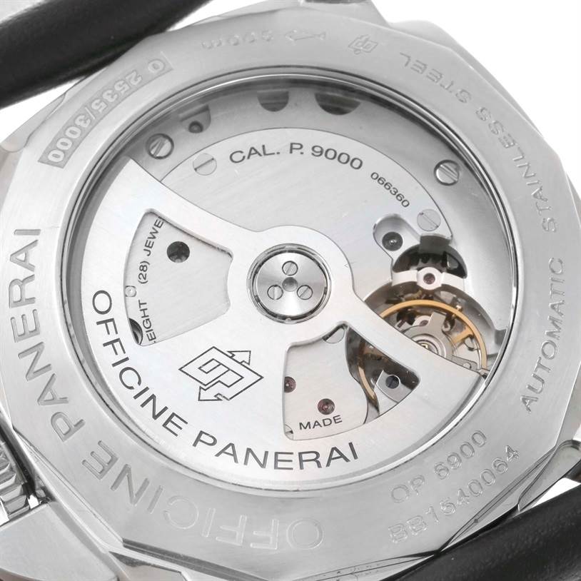 This image shows the back view of a Panerai Luminor PAM00359 Men's Stainless Steel Black Dial PAM00359 Men's Stainless Steel Black Dial watch, highlighting the movement and internal mechanics.