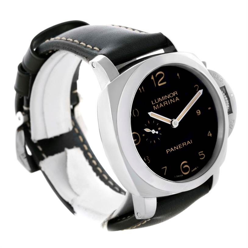 The Panerai Luminor PAM00359 Men's Stainless Steel Black Dial PAM00359 Men's Stainless Steel Black Dial watch is shown at an angled side view, highlighting the case, dial, and leather strap.