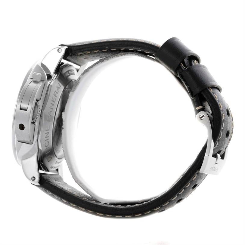 The image shows a side view of the Panerai Luminor PAM00359 Men's Stainless Steel Black Dial PAM00359 Men's Stainless Steel Black Dial watch highlighting the case, crown guard, and strap with its buckle.