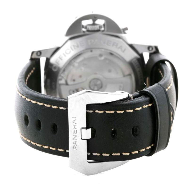 The image shows the back of a Panerai Luminor PAM00359 Men's Stainless Steel Black Dial PAM00359 Men's Stainless Steel Black Dial watch, focusing on the leather strap and buckle.