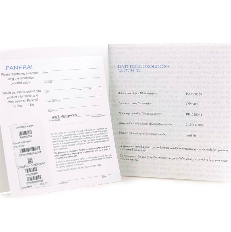 The image shows the warranty and registration documents for a Panerai Luminor PAM00359 Men's Stainless Steel Black Dial PAM00359 Men's Stainless Steel Black Dial, including the watch reference number and dealer information.