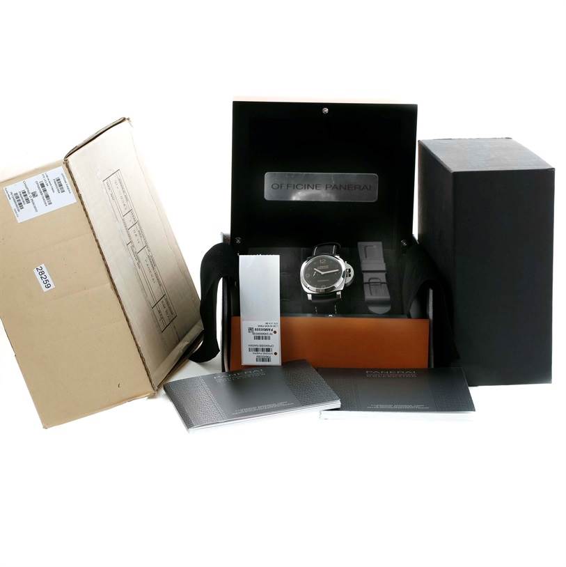 This image shows the Panerai Luminor PAM00359 Men's Stainless Steel Black Dial PAM00359 Men's Stainless Steel Black Dial watch at a straight-on angle with packaging and documents.