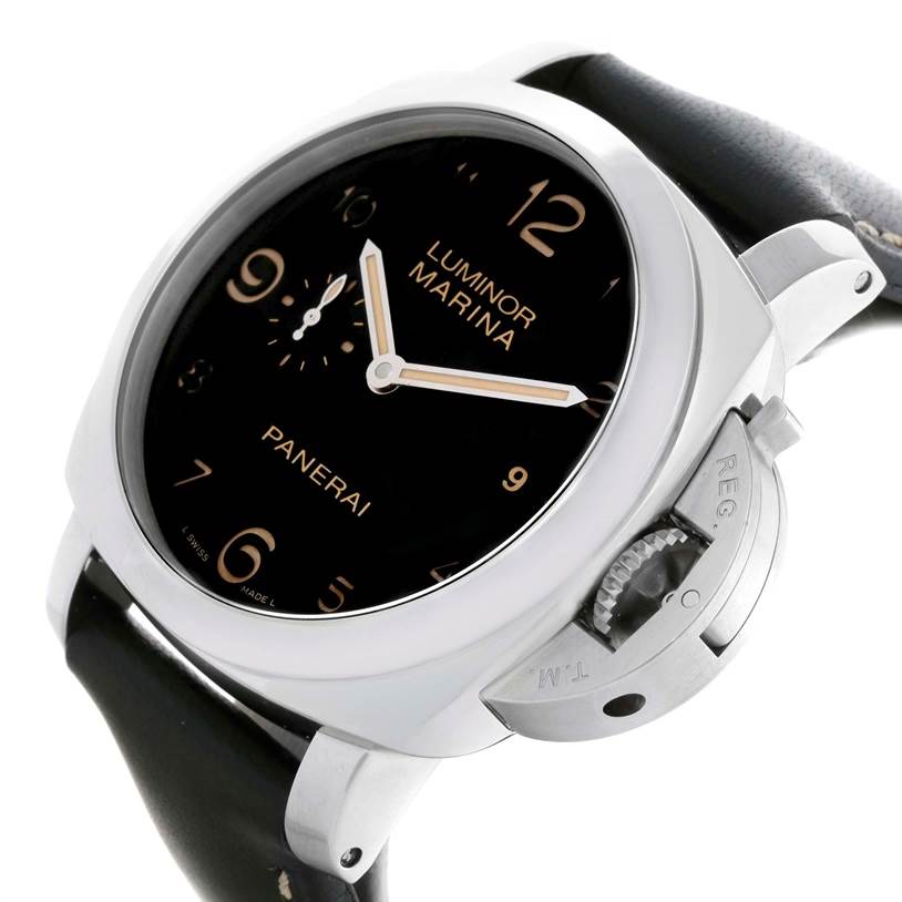 The image shows a Panerai Luminor PAM00359 Men's Stainless Steel Black Dial PAM00359 Men's Stainless Steel Black Dial watch at a slight angle, emphasizing the face, crown guard, and strap.
