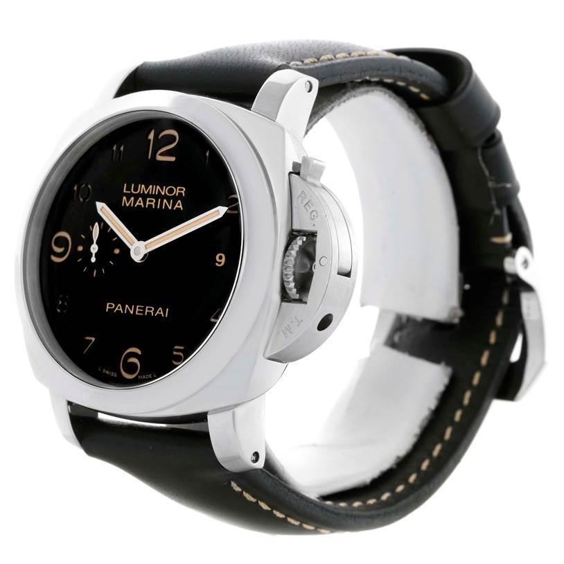 The image shows a front-side view of a Panerai Luminor PAM00359 Men's Stainless Steel Black Dial PAM00359 Men's Stainless Steel Black Dial Marina watch, highlighting the dial, case, crown guard, and leather strap.