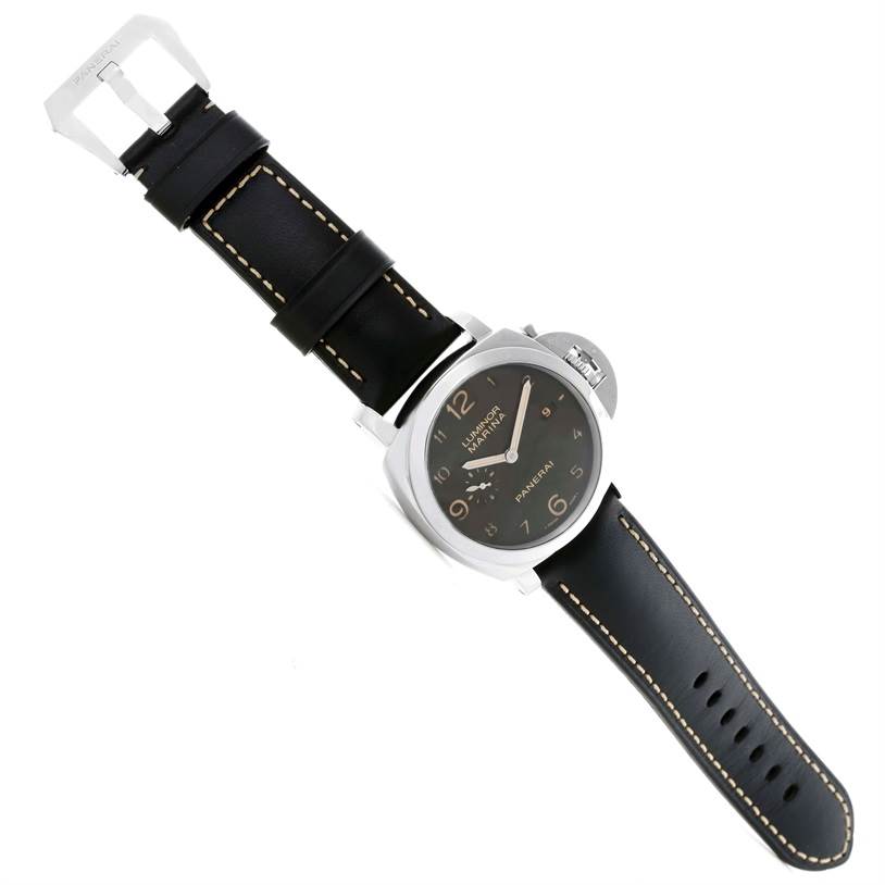 The image shows a top-down view of the Panerai Luminor PAM00359 Men's Stainless Steel Black Dial PAM00359 Men's Stainless Steel Black Dial watch, highlighting its face, casing, and leather strap.