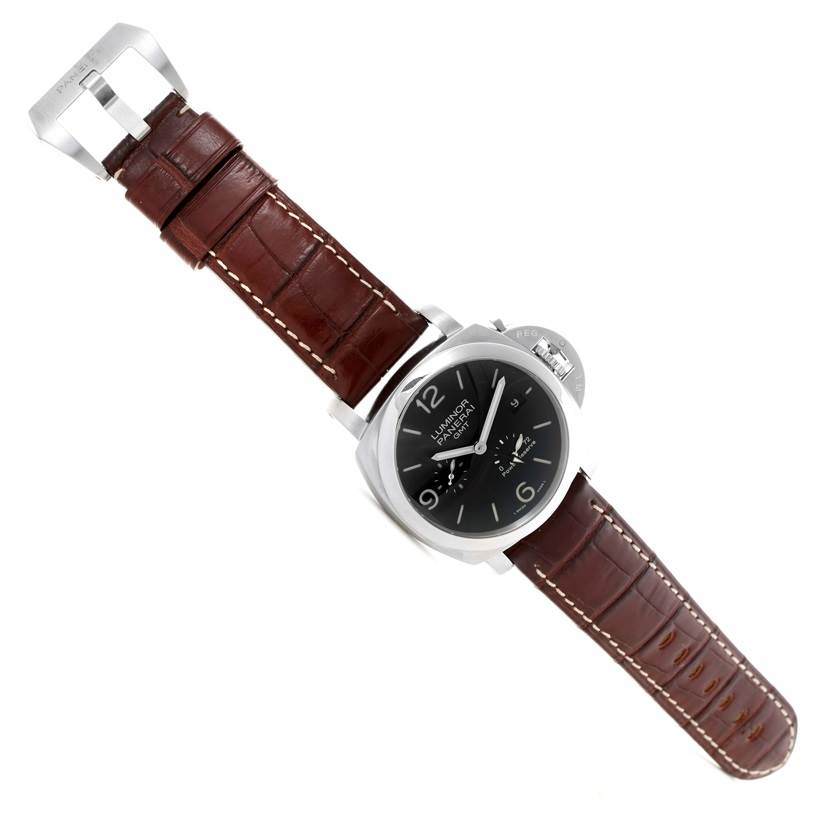 The image shows a top-down view of the Panerai Luminor PAM00321 Men's Stainless Steel Black Dial PAM00321 Men's Stainless Steel Black Dial watch, highlighting its brown leather strap and black dial.