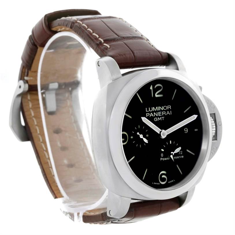 The image shows a Panerai Luminor PAM00321 Men's Stainless Steel Black Dial PAM00321 Men's Stainless Steel Black Dial watch angled from the front-left, displaying the dial, case, and leather strap.