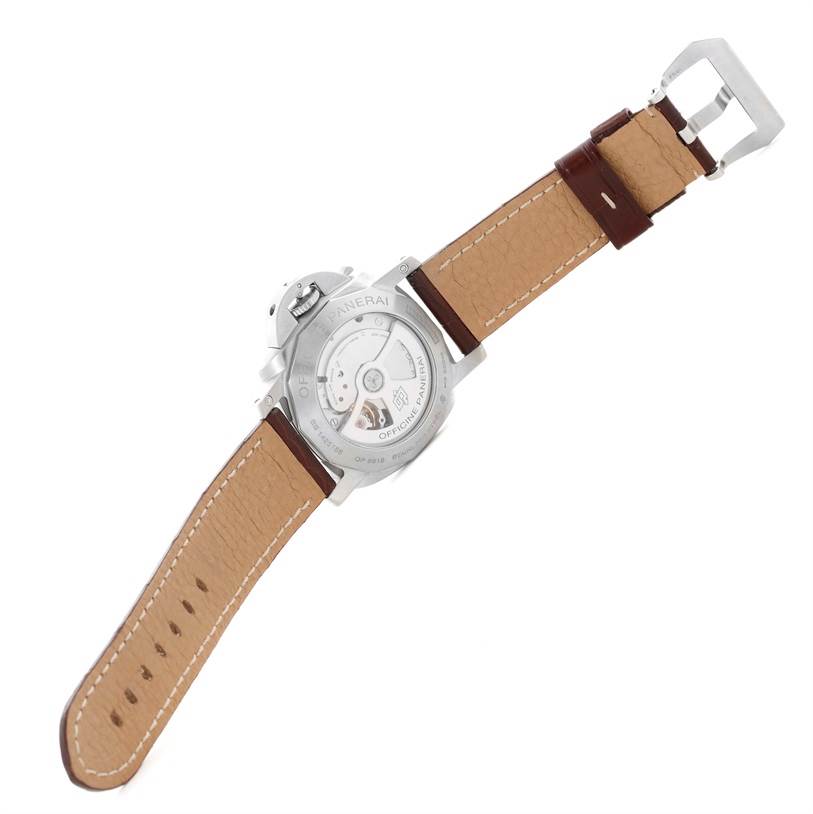 The image shows the back view of a Panerai Luminor PAM00321 Men's Stainless Steel Black Dial PAM00321 Men's Stainless Steel Black Dial watch, highlighting its case back and leather strap.