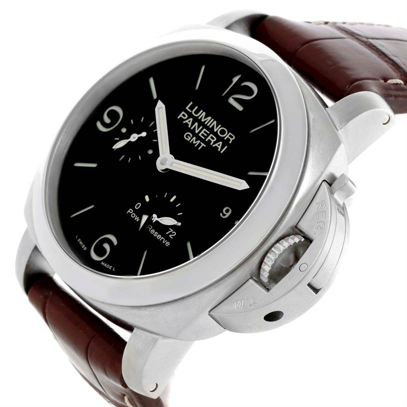 This image shows a Panerai Luminor PAM00321 Men's Stainless Steel Black Dial PAM00321 Men's Stainless Steel Black Dial GMT watch at an angled close-up, highlighting its dial, crown guard, and brown strap.