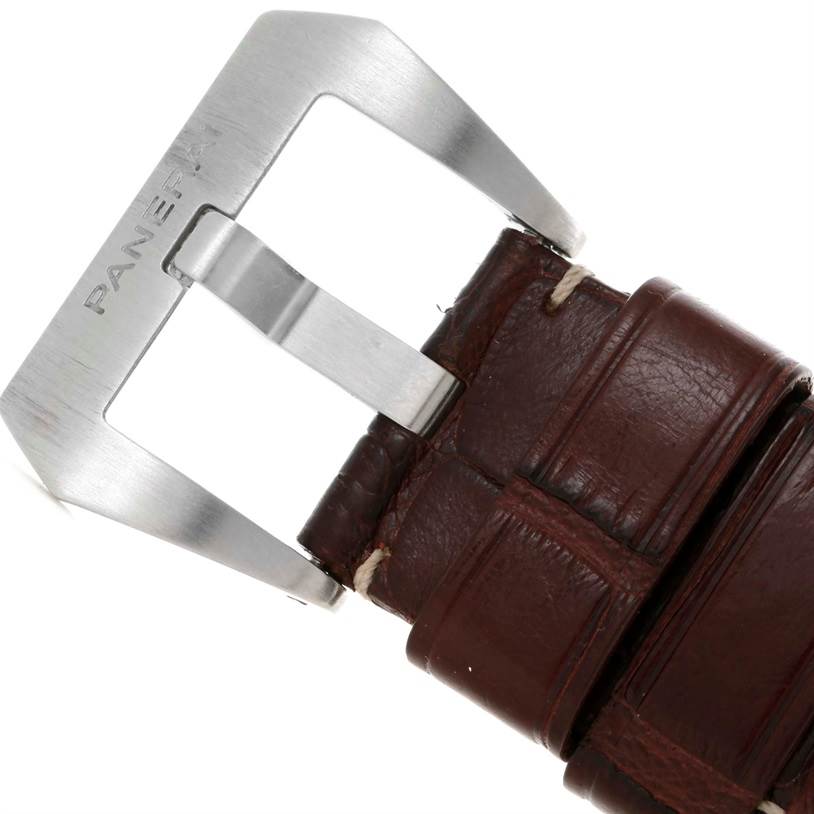 The image shows a close-up angle of the buckle and leather strap of a Panerai Luminor PAM00321 Men's Stainless Steel Black Dial PAM00321 Men's Stainless Steel Black Dial watch.
