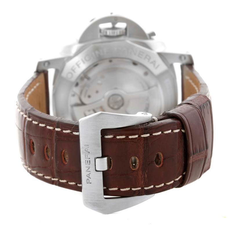 The image shows the back view of a Panerai Luminor PAM00321 Men's Stainless Steel Black Dial PAM00321 Men's Stainless Steel Black Dial watch focusing on its brown leather strap and silver buckle.