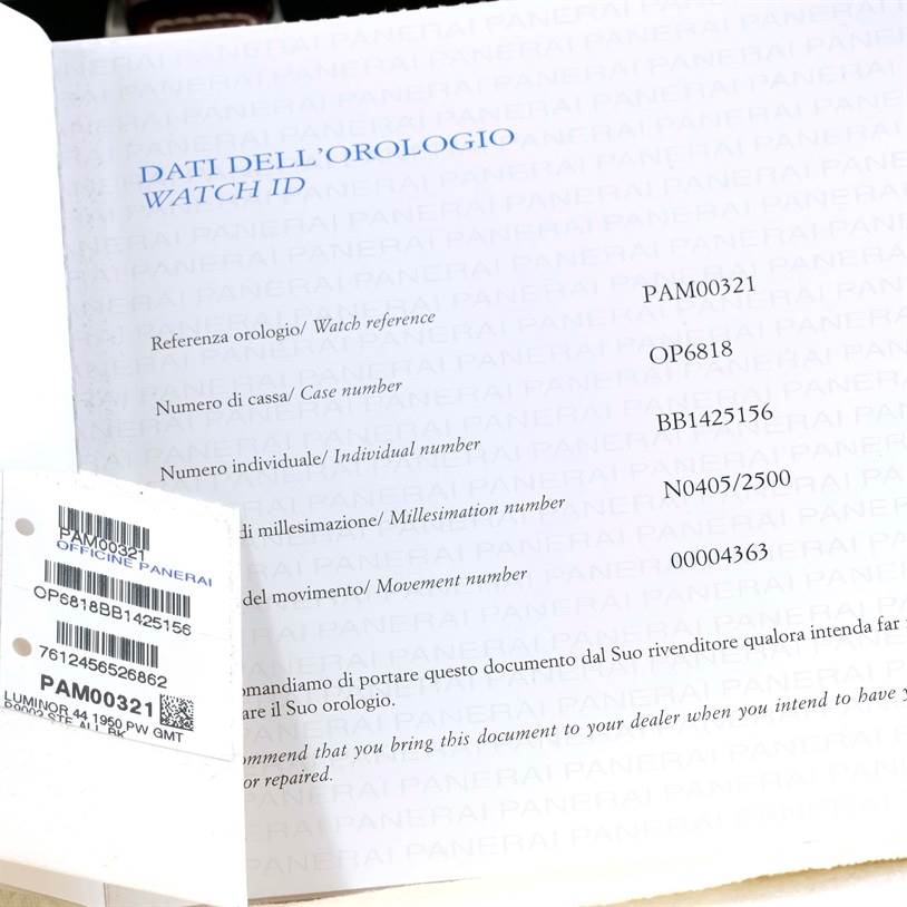 The image shows the watch ID document for a Panerai Luminor PAM00321 Men's Stainless Steel Black Dial PAM00321 Men's Stainless Steel Black Dial model with details like case number, individual number, and movement number.