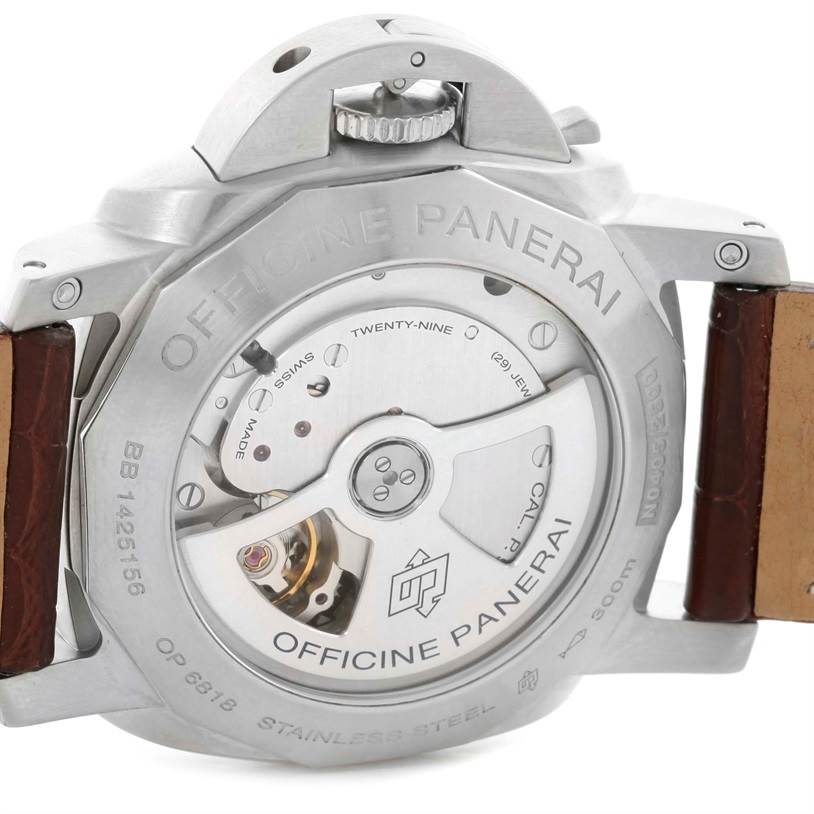 The image shows the back view of a Panerai Luminor PAM00321 Men's Stainless Steel Black Dial PAM00321 Men's Stainless Steel Black Dial watch, featuring the exhibition case back and movement details.