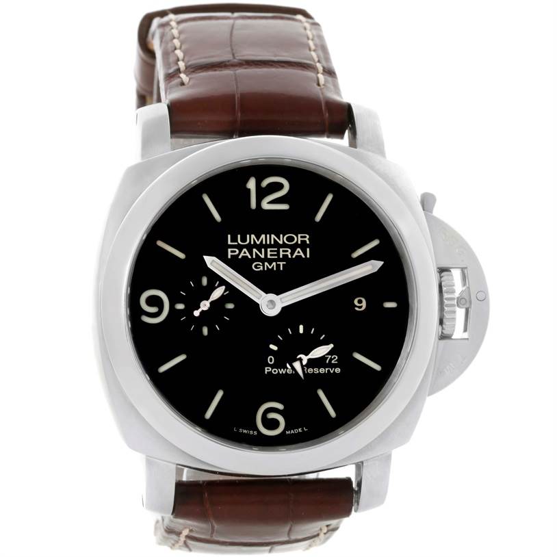 This Panerai Luminor PAM00321 Men's Stainless Steel Black Dial PAM00321 Men's Stainless Steel Black Dial GMT watch is shown from the front, highlighting its dial, case, crown guard, and leather strap.