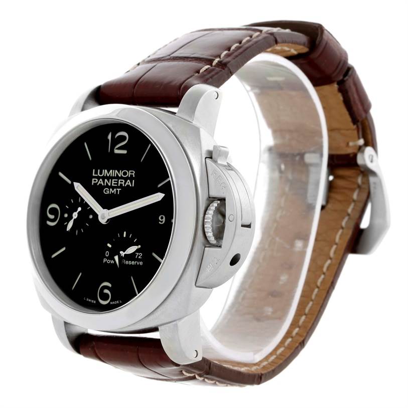 The image shows a Panerai Luminor PAM00321 Men's Stainless Steel Black Dial PAM00321 Men's Stainless Steel Black Dial model watch at an angled side view, highlighting the face, crown guard, and leather strap.
