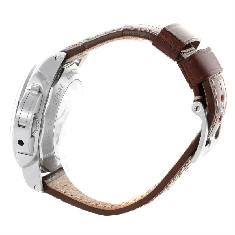 This image shows a side view of a Panerai Luminor PAM00321 Men's Stainless Steel Black Dial PAM00321 Men's Stainless Steel Black Dial watch, highlighting the case, crown guard, and leather strap.