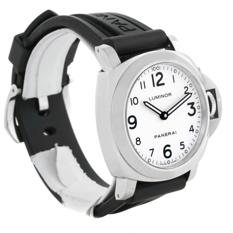 This image shows a Panerai Luminor PAM00114 Men's Stainless Steel White Dial PAM00114 Men's Stainless Steel White Dial watch at a three-quarter angle, highlighting its face, strap, and crown guard.