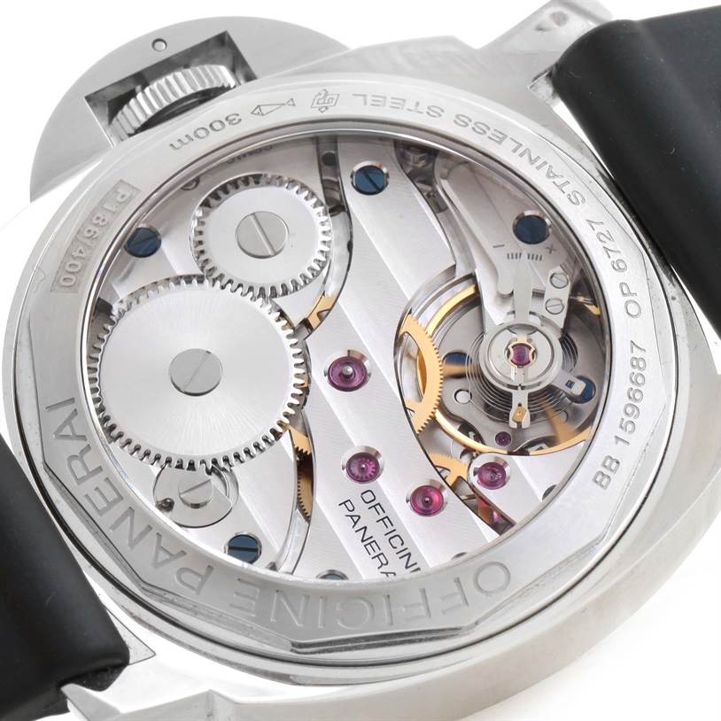 This image shows the inner mechanical movement of a Panerai Luminor PAM00114 Men's Stainless Steel White Dial PAM00114 Men's Stainless Steel White Dial watch from the case back view.