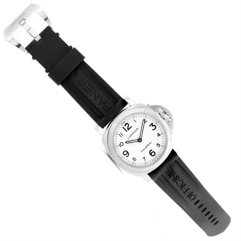 This image shows a Panerai Luminor PAM00114 Men's Stainless Steel White Dial PAM00114 Men's Stainless Steel White Dial watch, featuring the face, bezel, and black rubber strap with branding, viewed from above.