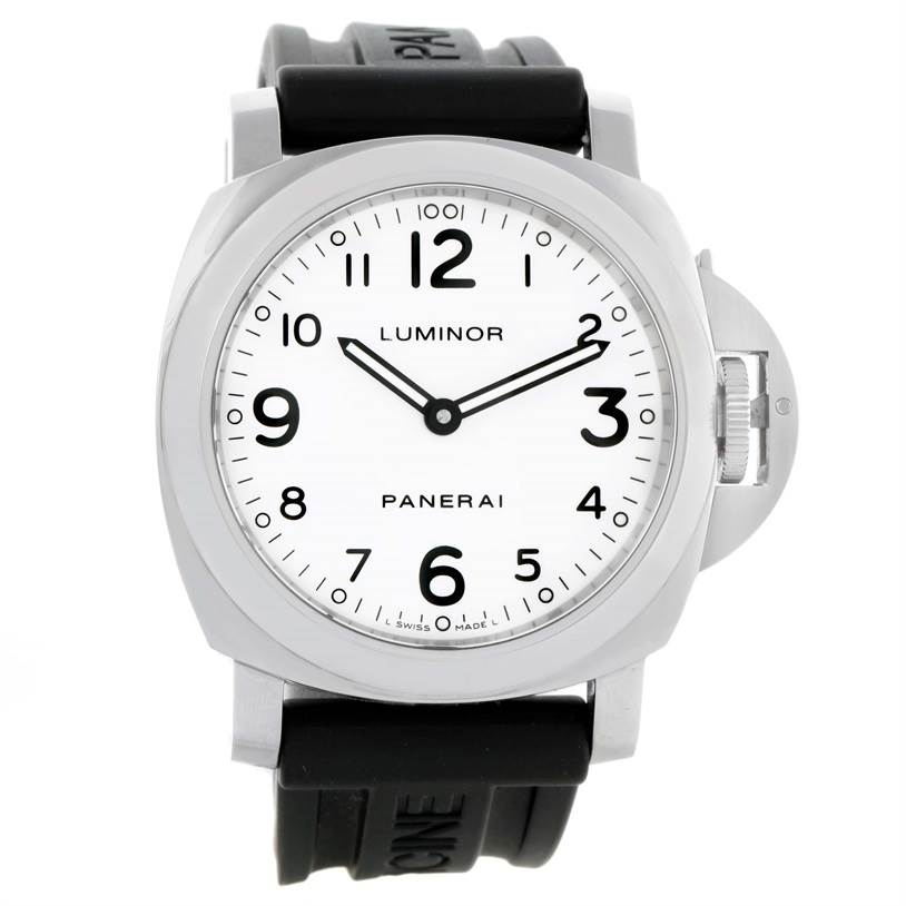 The Panerai Luminor PAM00114 Men's Stainless Steel White Dial PAM00114 Men's Stainless Steel White Dial watch is shown from a front angle, displaying its dial, hands, case, and black rubber strap.