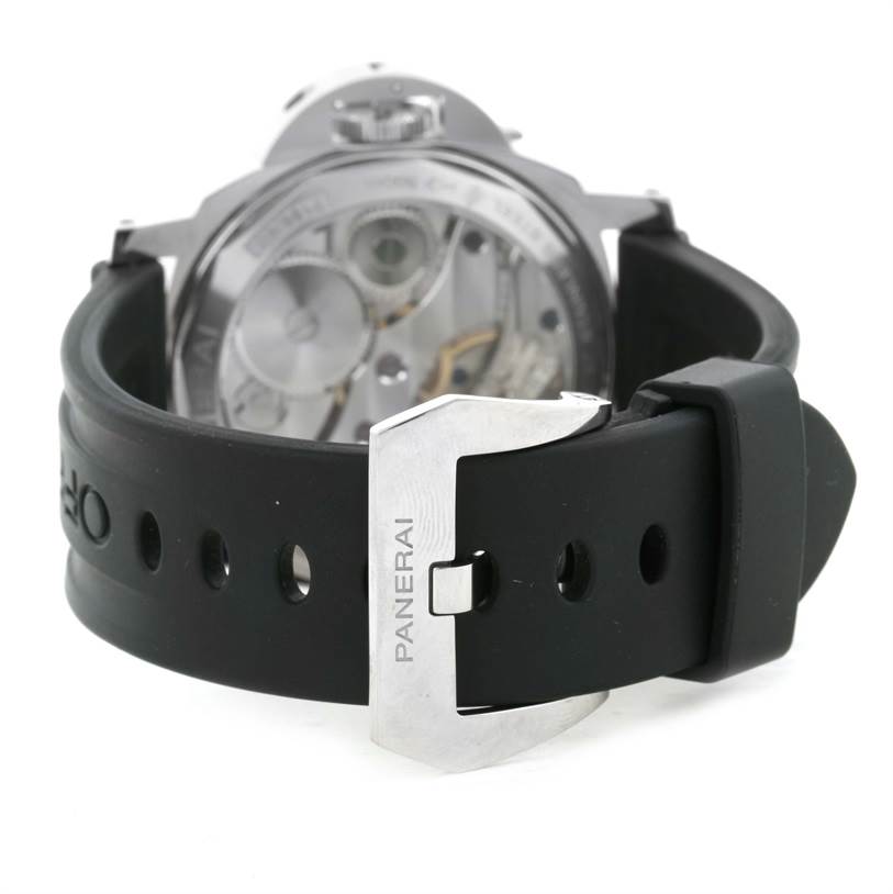 This image shows the back of the Panerai Luminor PAM00114 Men's Stainless Steel White Dial PAM00114 Men's Stainless Steel White Dial watch and its black strap with a visible Panerai-engraved buckle.