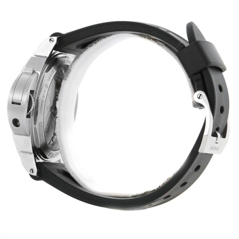 The image shows a side profile of the Panerai Luminor PAM00114 Men's Stainless Steel White Dial PAM00114 Men's Stainless Steel White Dial watch, emphasizing its case, bezel, crown guard, and rubber strap.