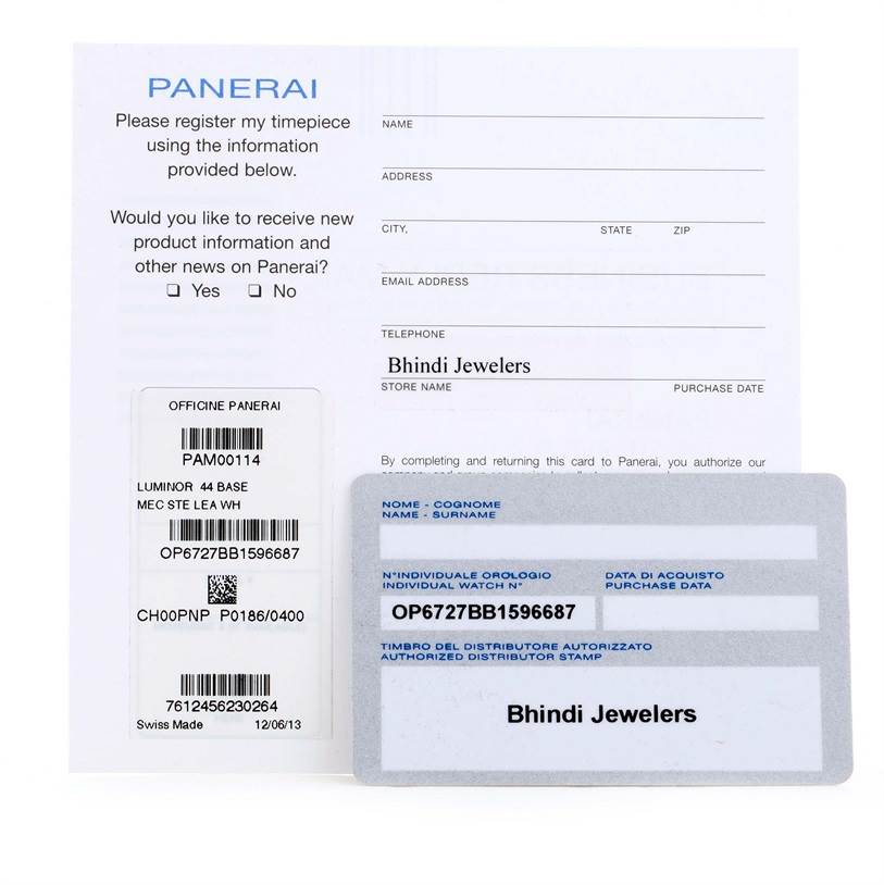 The image shows registration cards and a warranty card for the Panerai Luminor PAM00114 Men's Stainless Steel White Dial PAM00114 Men's Stainless Steel White Dial model PAM00114.
