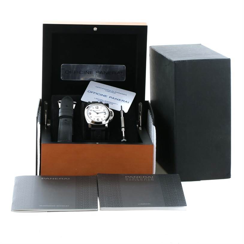 The image shows a Panerai Luminor PAM00114 Men's Stainless Steel White Dial PAM00114 Men's Stainless Steel White Dial watch with accessories in its original packaging, photographed from the front.
