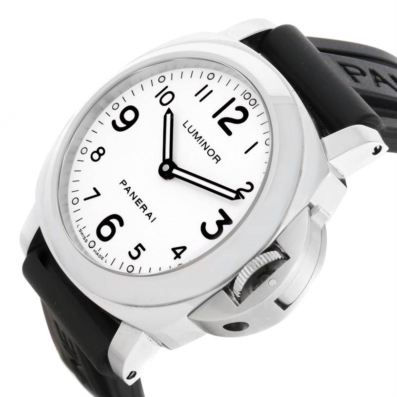 This Panerai Luminor PAM00114 Men's Stainless Steel White Dial PAM00114 Men's Stainless Steel White Dial watch is shown from a slight side angle, highlighting the dial, case, strap, and crown guard.