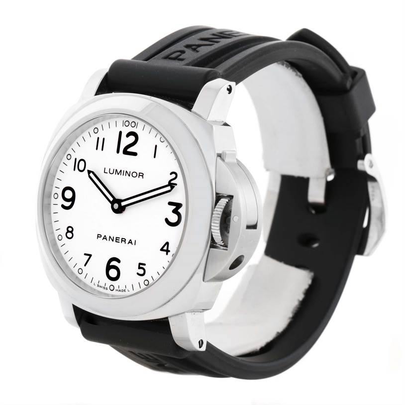 The image shows a Panerai Luminor PAM00114 Men's Stainless Steel White Dial PAM00114 Men's Stainless Steel White Dial watch from a front-left angle, highlighting its white dial, crown guard, and black rubber strap.