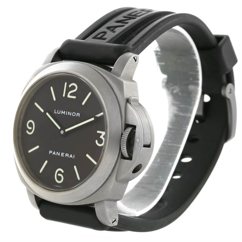 The image shows a side-angle view of a Panerai Luminor PAM00055 Men
s Titanium Black Dial PAM00055 Men
s Titanium Black Dial watch, highlighting the face, bezel, crown guard, and rubber strap.