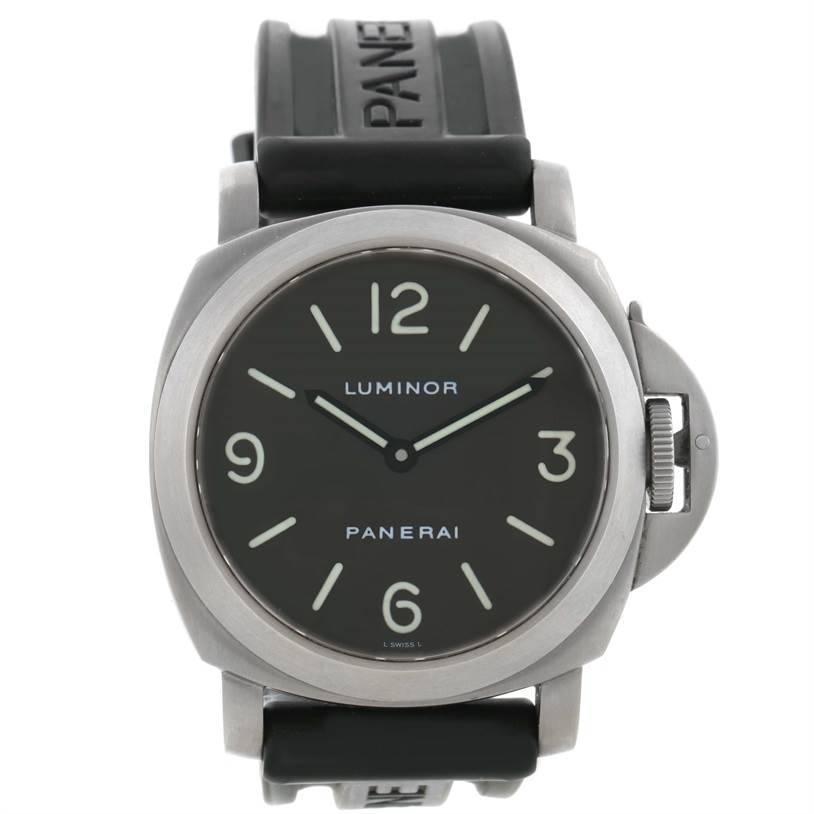 The image shows a frontal view of a Panerai Luminor PAM00055 Men
s Titanium Black Dial PAM00055 Men
s Titanium Black Dial watch, featuring its dial, bezel, and rubber strap.