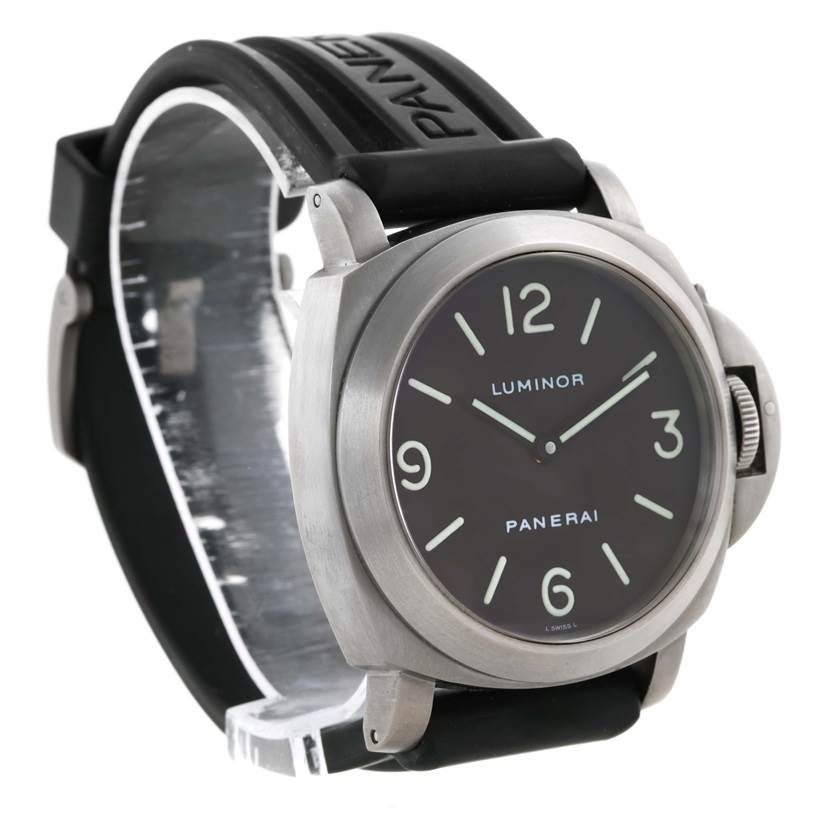 This image shows a Panerai Luminor PAM00055 Men
s Titanium Black Dial PAM00055 Men
s Titanium Black Dial watch at a slight angle, highlighting the watch face, case, and black strap.