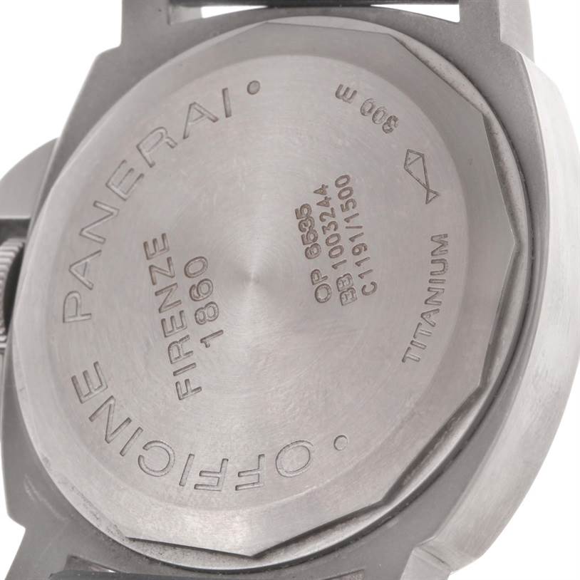 The image shows the back case of a Panerai Luminor PAM00055 Men
s Titanium Black Dial PAM00055 Men
s Titanium Black Dial watch, highlighting model details and material in an angled view.