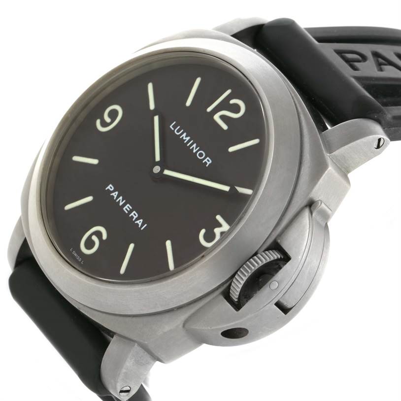 This image shows the Panerai Luminor PAM00055 Men
s Titanium Black Dial PAM00055 Men
s Titanium Black Dial watch at an angled close-up, displaying its dial, crown guard, and rubber strap.