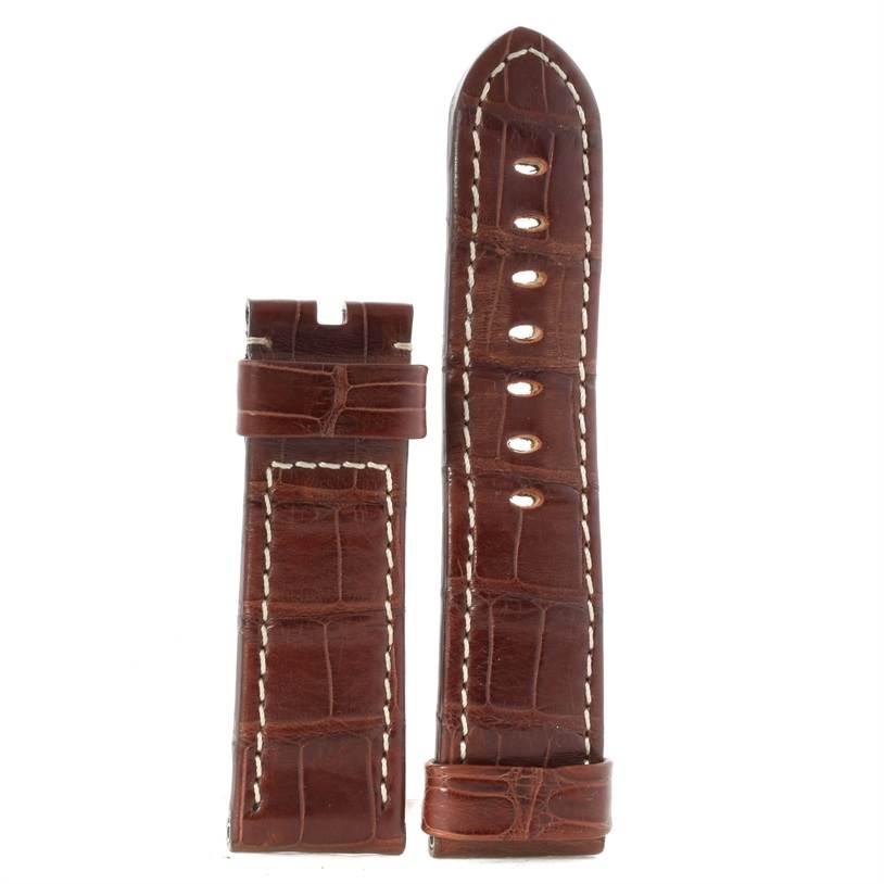 This image shows two separate brown leather straps for a Panerai Luminor PAM00055 Men
s Titanium Black Dial PAM00055 Men
s Titanium Black Dial watch, viewed from the top.