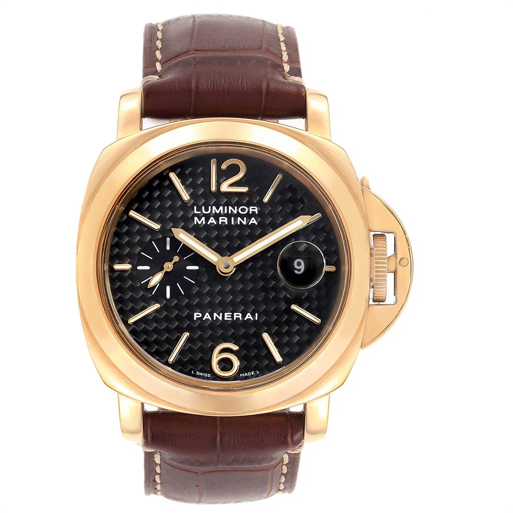 This image shows a front view of the Panerai Luminor PAM00140 Men's Yellow Gold Black Dial PAM00140 Men's Yellow Gold Black Dial Marina watch with a brown leather strap.