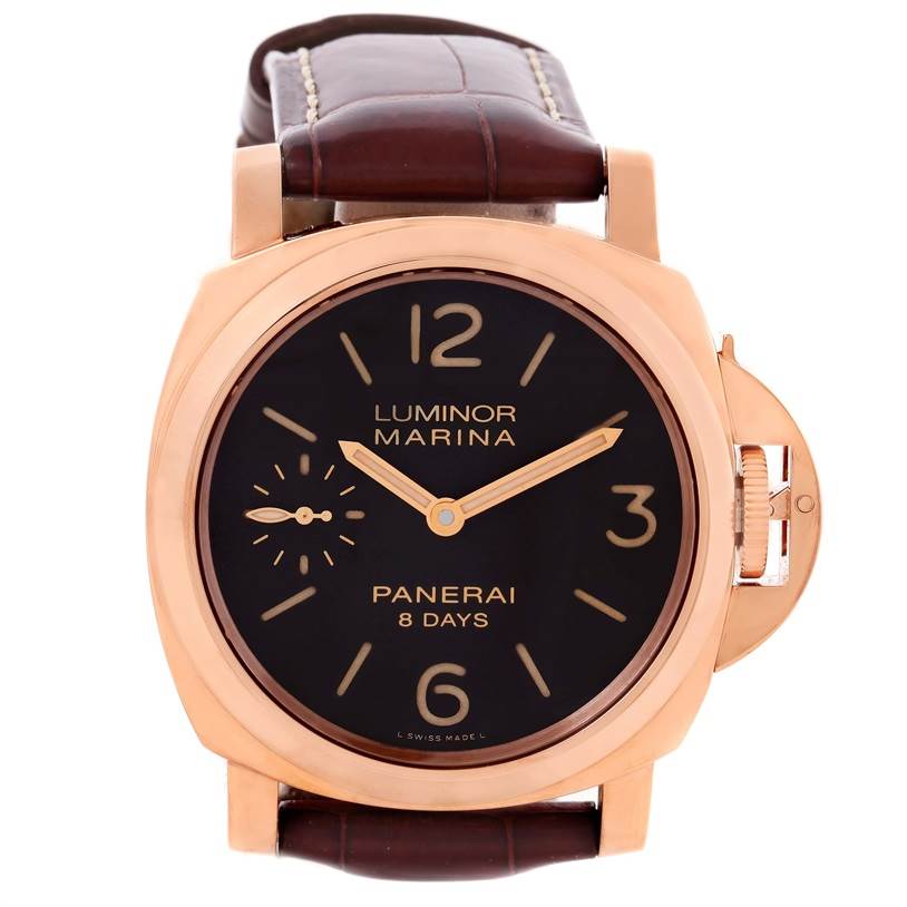 This image shows a front view of a Panerai Luminor PAM00511 Men's Rose Gold Brown Dial PAM00511 Men's Rose Gold Brown Dial Marina watch, including the dial, crown guard, and leather strap.