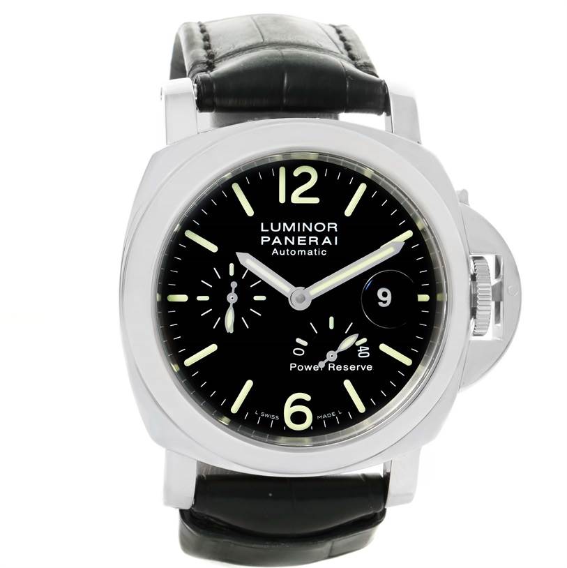 The Luminor Panerai watch face is shown from a front angle, featuring a black dial and a leather strap.