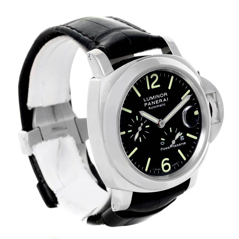 This image shows a Panerai Luminor PAM00090 Men's Stainless Steel Black Dial PAM00090 Men's Stainless Steel Black Dial watch at a three-quarter angle, highlighting its face, crown guard, and black leather strap.